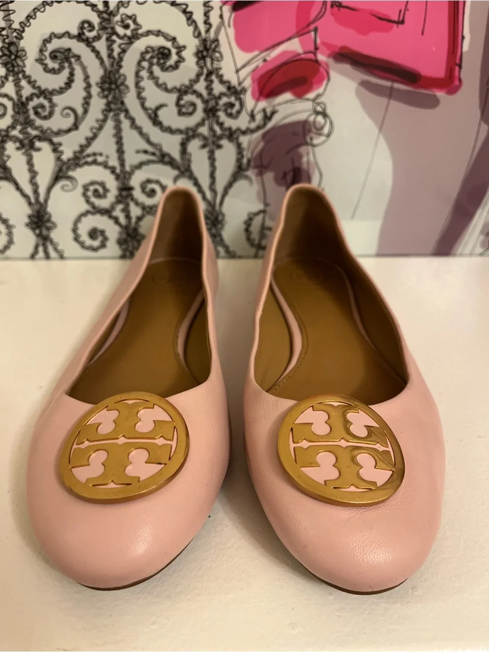 Tory Burch Blush Pink Leather Logo Medallion Ballet Flats - Size 7.5